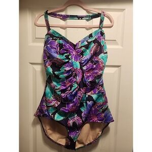 Vintage Slim Suit One Piece Floral Gold Halter Shimmer Women Size 24W 90s Purple